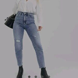 Stradivarius slim mom jeans with stretch and rip detail in light blue UK12 US10